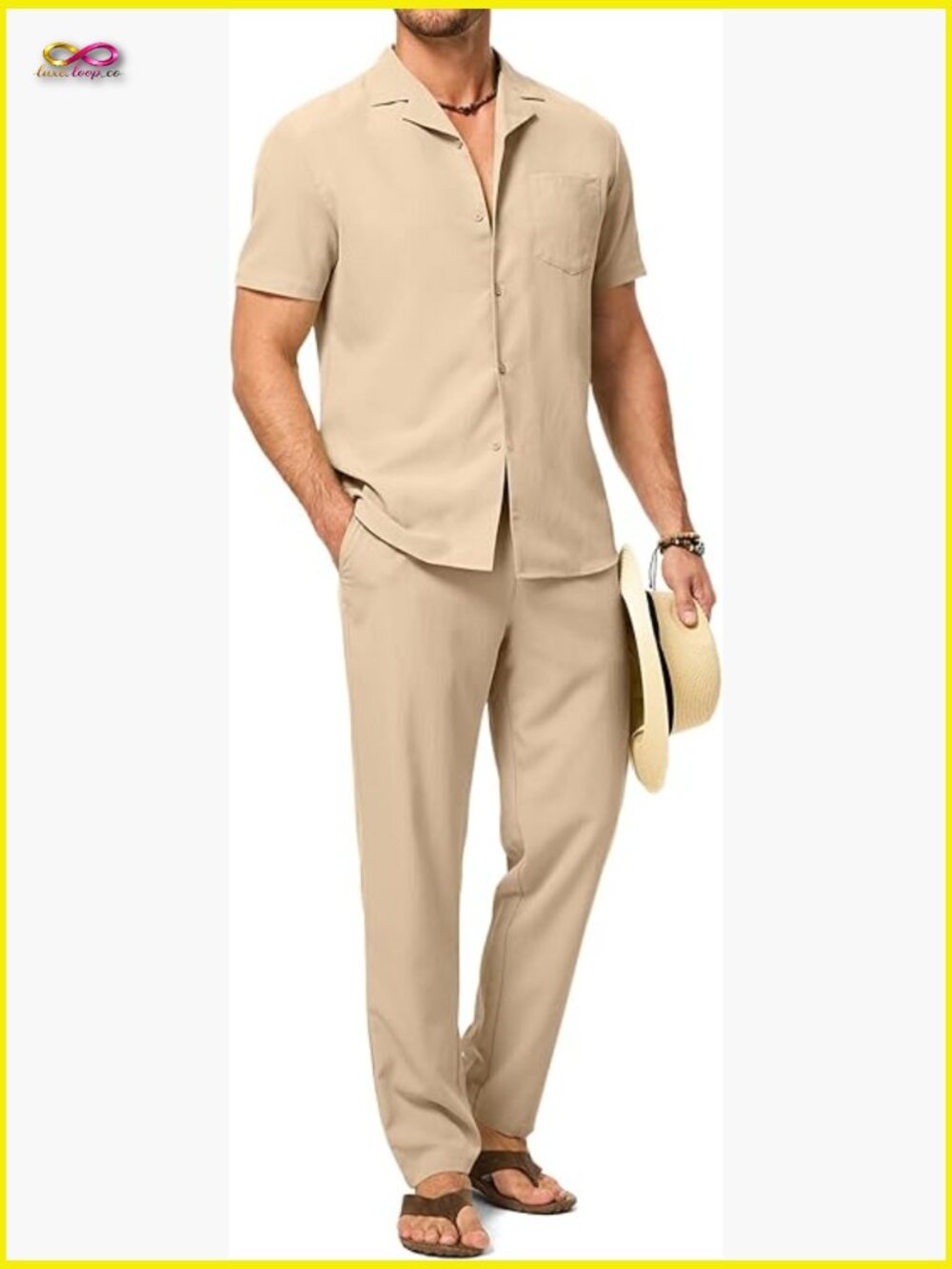 Men's Vintage Button Down Shirt Casual Pant Set Lightweight Beach Lounge Wear
